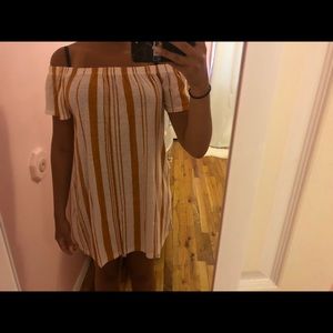 F21 Sheer Off The Shoulder Dress, Mustard & Beige